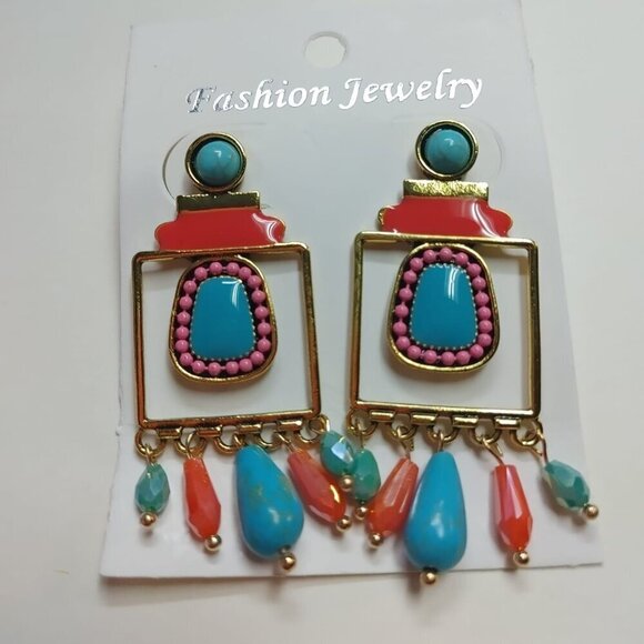 NEW Drop Dangle Earrings Colorful Turquoise Goldtone Women jewelry gift Boho - Picture 2 of 4